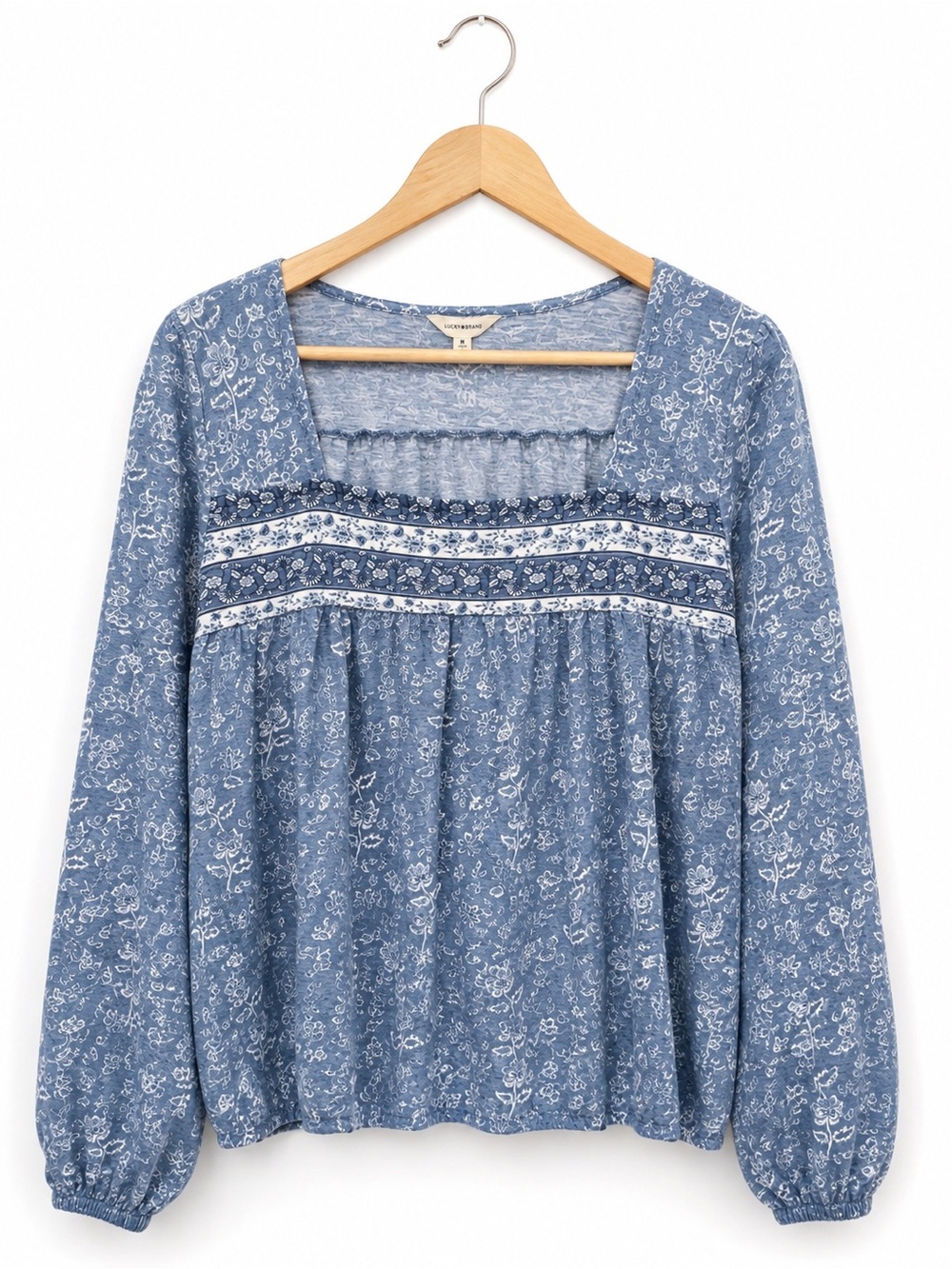 Lucky Brand Blue Floral Boho Peasant Blouse | Romantic Y2K Cottagecore Top M NWT - Picture 2 of 11